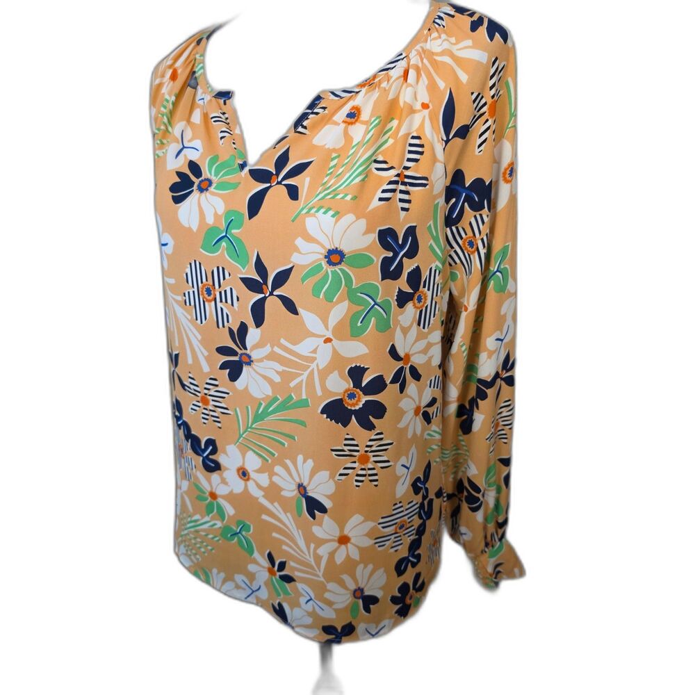 CAbi Island Blouse #6296 Small Mod Floral Split Neck Smocked Cuff Top